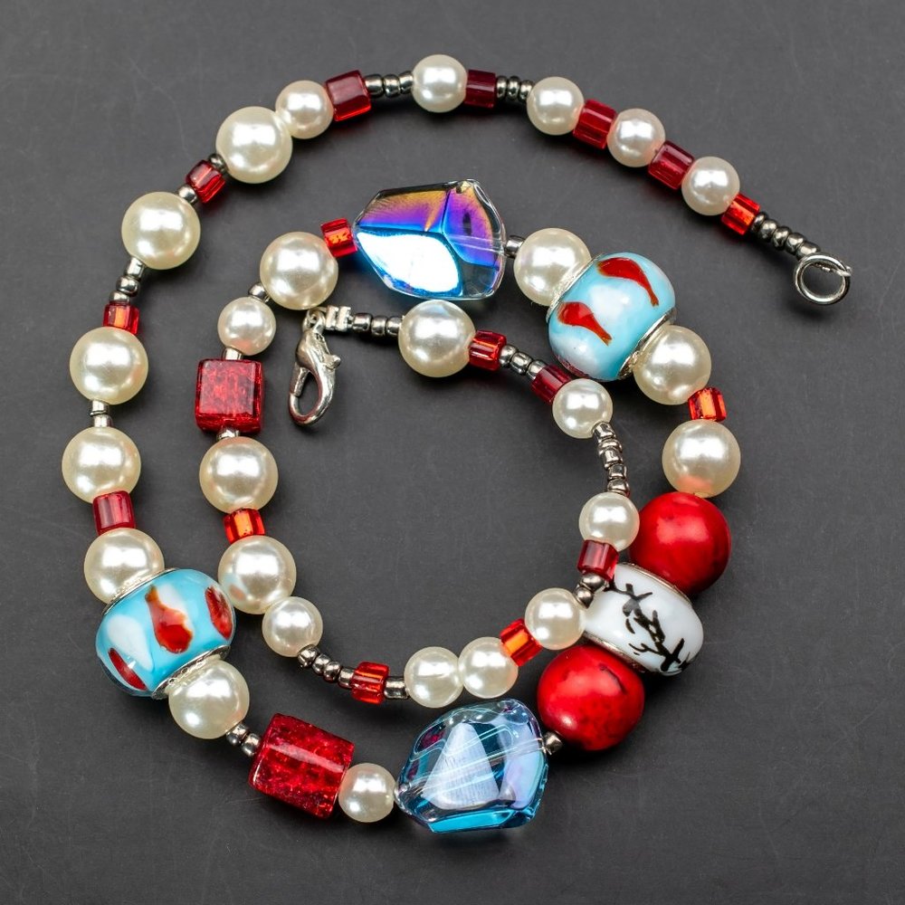 Multi bead and pearl necklace, chunky colorful short necklace, handmade jewelry